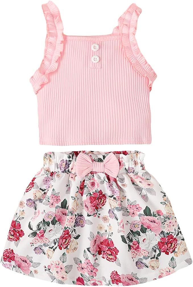 Toddler Baby Girls Summer Clothes Ruffle Sleeveless Outfits Shirt Kid Short Set | Amazon (US)