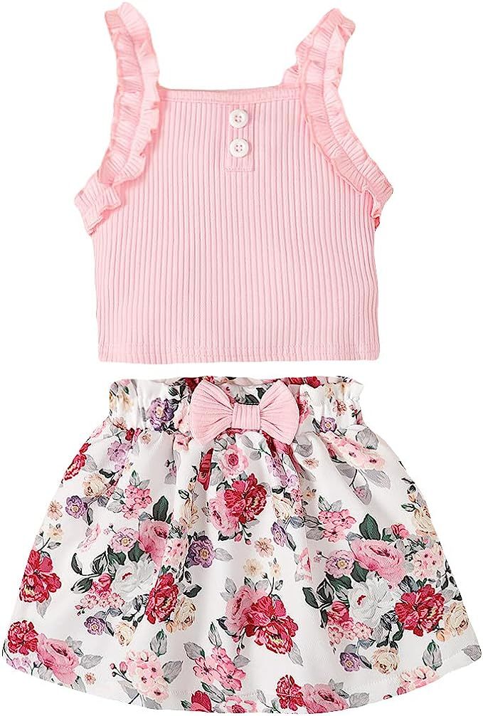 Toddler Baby Girls Summer Clothes Ruffle Sleeveless Outfits Shirt Kid Short Set | Amazon (US)