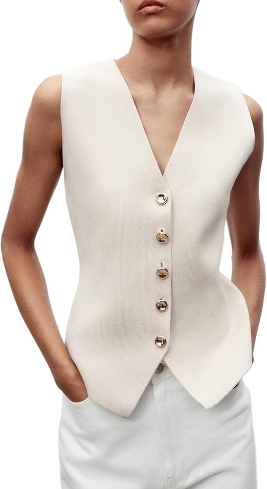Women's 2025 V-Neck Sleeveless Knitted Sweater Vest Dressy Button Up Sweater Tank Tops Casual Outfits | Amazon (US)