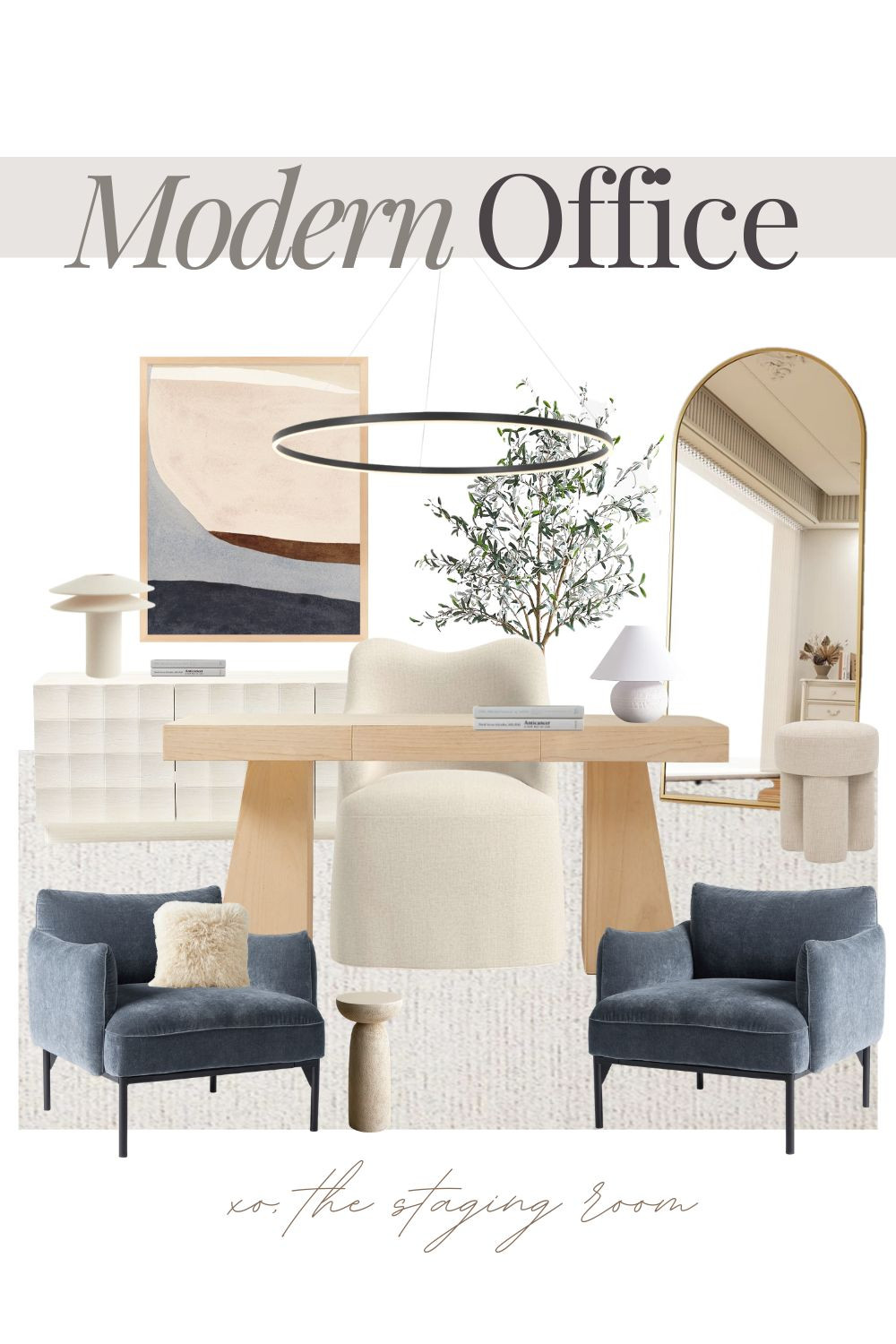 Create a sophisticated modern office that balances work and wellness with an organic modern aesthetic. This design features a minimalist light wood desk and a sculpted cream desk chair to achieve a serene, quiet luxury vibe.

This curated selection includes evergreen textures such as a checkered white sideboard, a sculptural travertine side table, and an elegant gold arched floor mirror. 

The space is finished with high-end accents like a minimalist halo pendant light, a faux olive tree, and deep blue velvet armchairs for a polished, editorial feel. These timeless finds are perfect for creating a productive yet peaceful home workspace.

#homeoffice #organicmodern 

 

#LTKhome #LTKsale #LTKhome