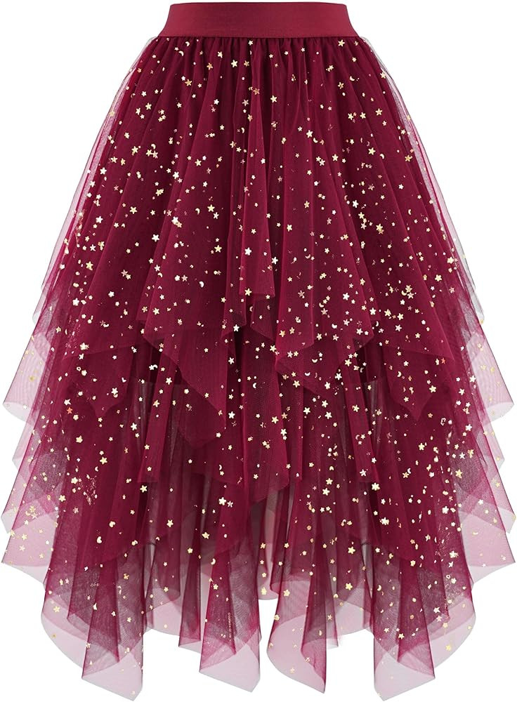 Ellames Women's Tulle Skirts High Low Layered Puffy Fairy Skirts Midi Length Irregular Tutu Skirt | Amazon (US)