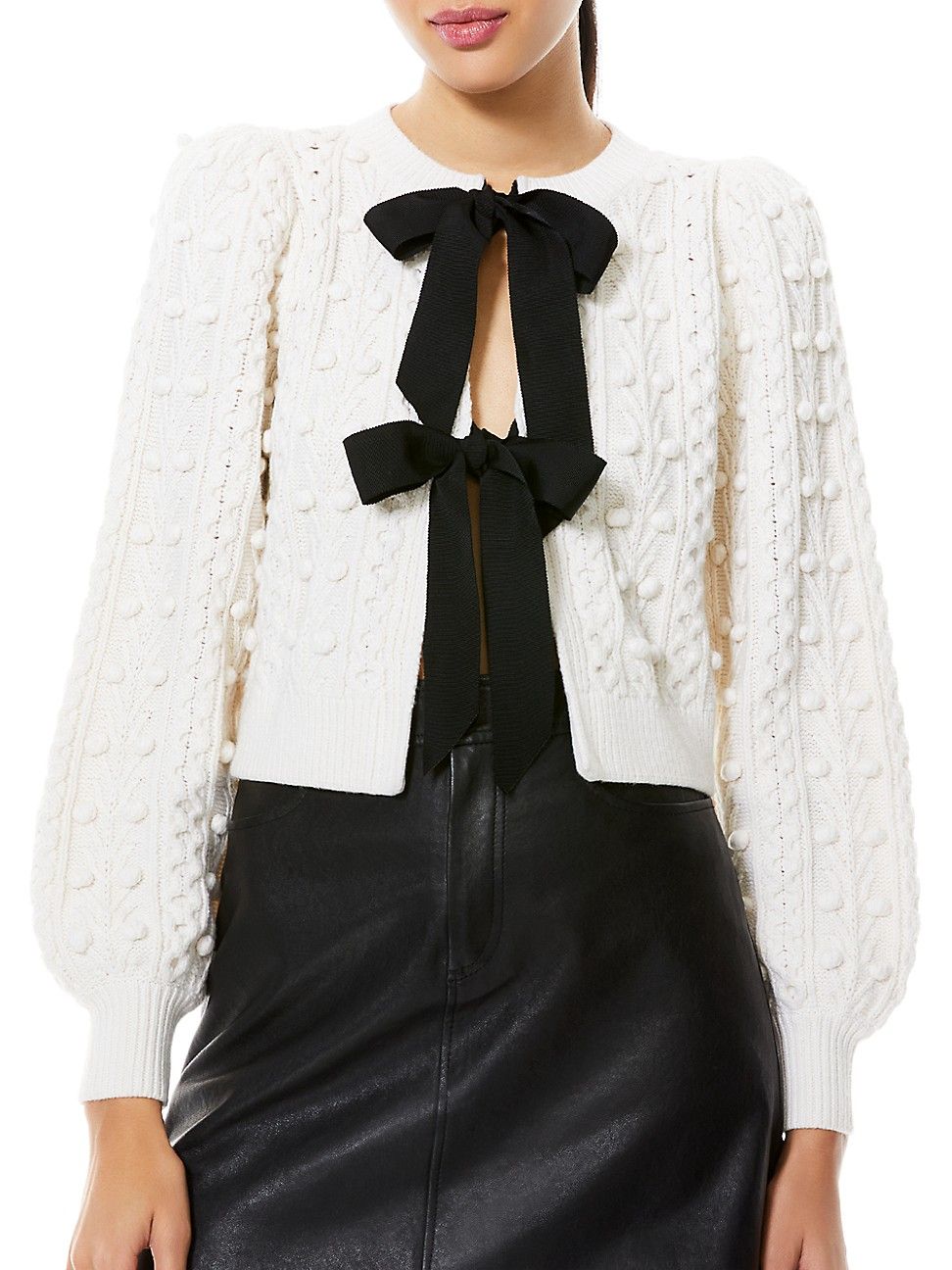 Women's Kitty Puff-Sleeve Cardigan - Soft White Black - Size Medium | Saks Fifth Avenue