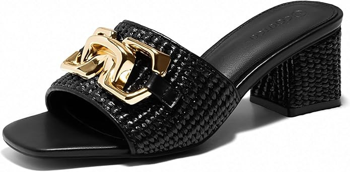Coutgo Womens Raffia Slide Sandals Chunky Block Heeled Square Open Toe Metal Chain Slip on Mules ... | Amazon (US)