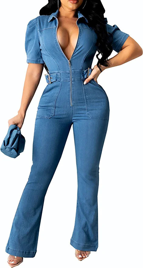 Sexy Denim Jumpsuit for Women Casual Long Sleeve Jean Pants Rompers with Zipper Pockets | Amazon (US)