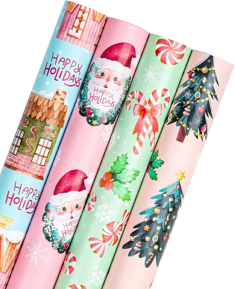 WRAPAHOLIC Christmas Wrapping Paper Roll - Pink Gingerbread House, Santa Claus, Christmas Tree an... | Amazon (US)