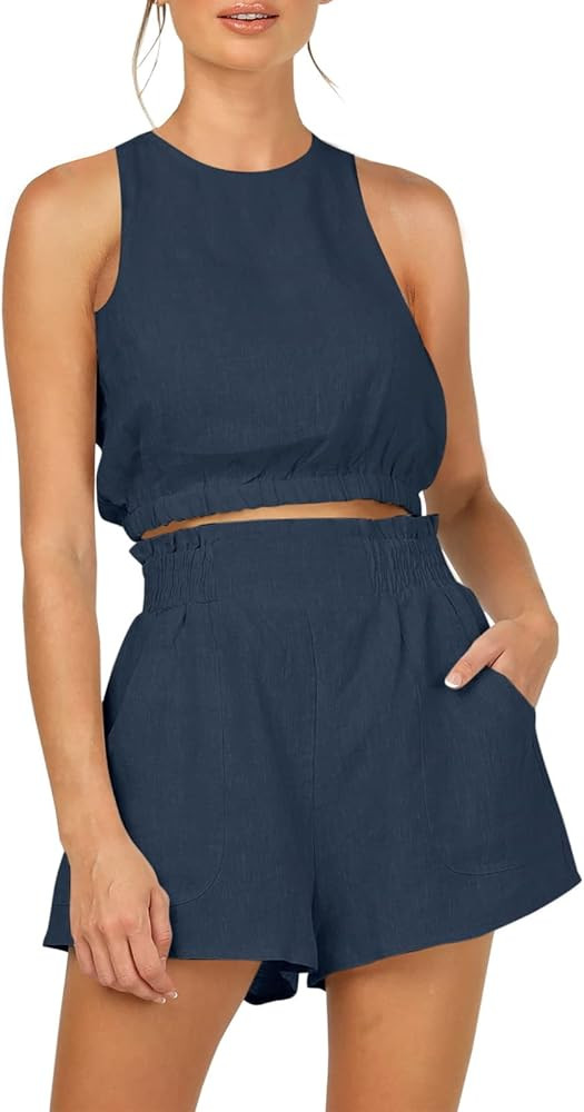 Eurivicy Women's 2 Piece Outfits Sleeveless Crop Tank Top and High Waist Pocketed Shorts Loose Su... | Amazon (US)