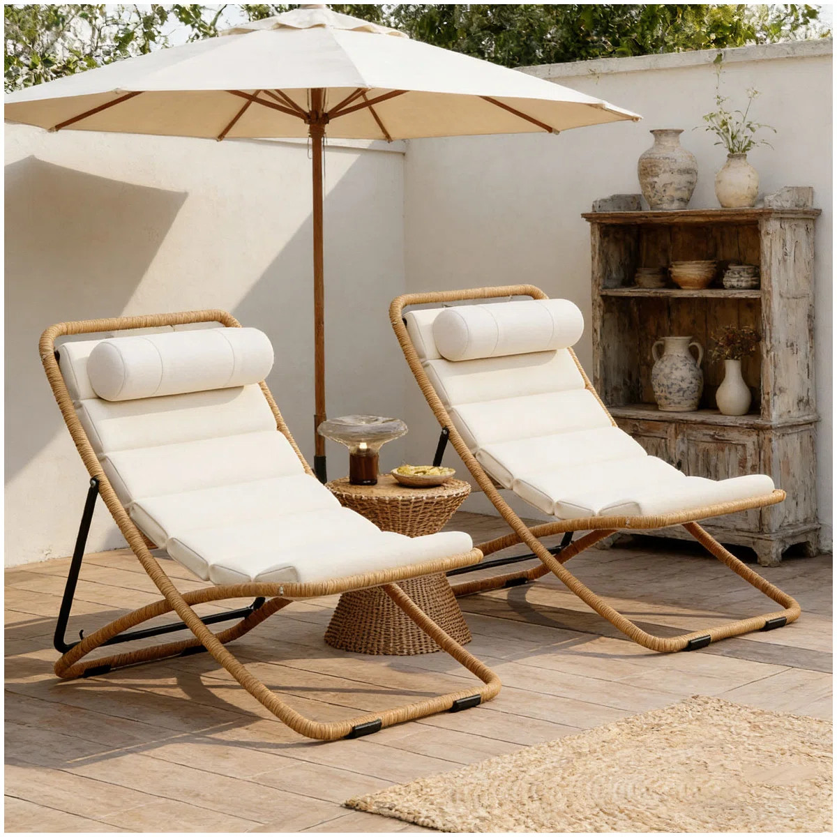 2-Pieces Outdoor Folding Chair, Rattan-Wrapped Patio Chair with Adjustable Backrest, Thick Cushio... | Wayfair North America