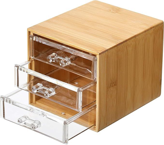 Bamboo Jewelry Organizer Box with 3 Clear Acrylic jewelry Drawer, Velvet Jewelry Tray Holder Case... | Amazon (US)