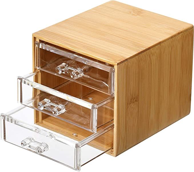 Bamboo Jewelry Organizer Box with 3 Clear Acrylic jewelry Drawer, Velvet Jewelry Tray Holder Case... | Amazon (US)