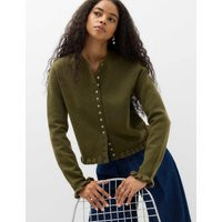 M&S Ruffle Crew Neck Cardigan Dark Khaki | Marks & Spencer (UK)