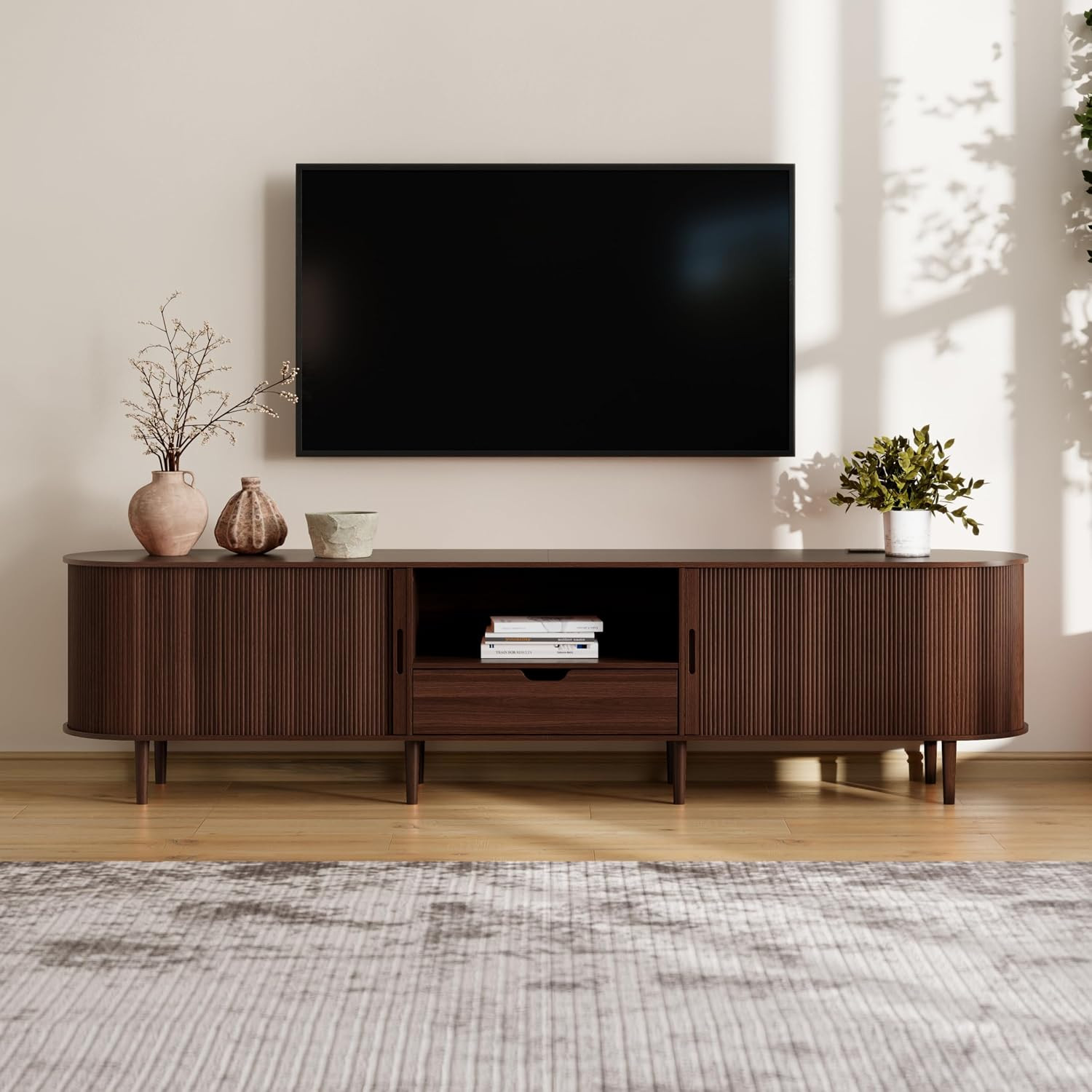 DHH 86.6" Fluted TV Stand with Power Outlet for TVs up to 90", TV Console with Adjustable Shelves and Sliding Door,Mid Century Modern Entertainment Center for Living Room,Bedroom (Walnut) | Amazon (US)