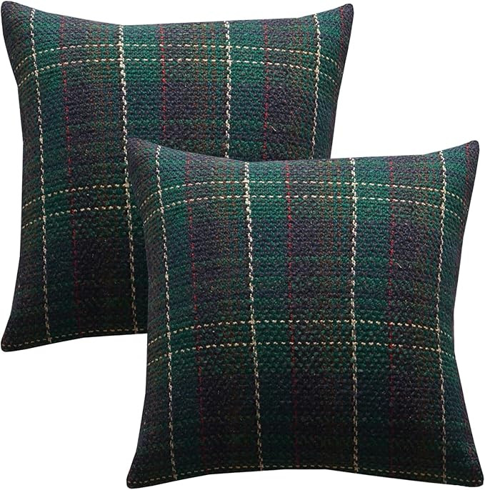 Green Plaid Cushion Covers 45x45 cm Pack of 2 Knitting Tartan Cushion Cases Winter Xmas Farmhouse... | Amazon (UK)