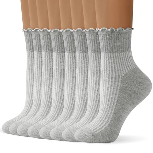 ANDERE ARTE 8 Pairs Womens Ruffle Socks, Frilly Ankle Socks, Cute Crew Socks, Soft Breathable Lettuce Edge Socks for Women-8 Gray | Amazon (US)