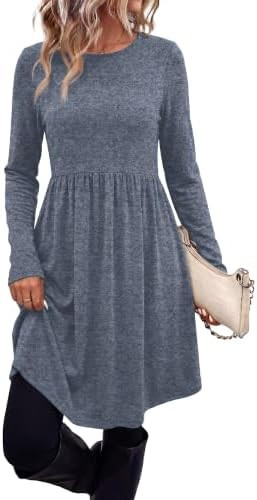 OFEEFAN Womens Long Sleeve Fall Dresses with Pockets Crew Neck Babydoll Casual Winter Dress 2026 | Amazon (US)