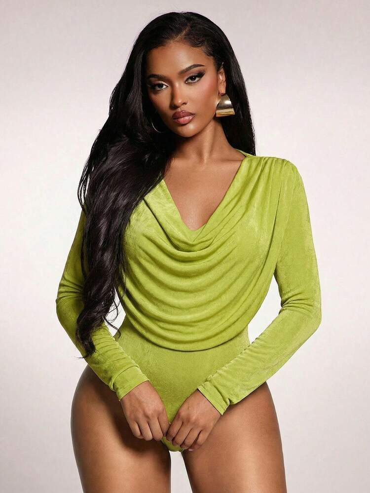 Radiana Silquee Olive Green Plunging Neckline Elegant Shoulder Pad Ruched Long Sleeve Bodysuit,Wo... | SHEIN