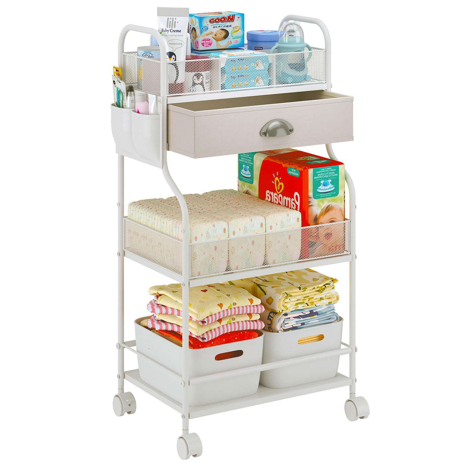 Baby Diaper Caddy Cart Organizer -3 Tier, Bedside Nursery Essentials Cart & Storage Holder for Ne... | Amazon (US)