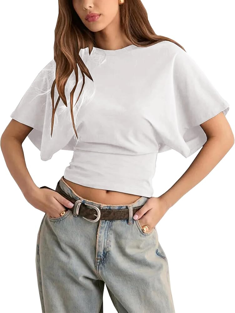 Lumister Shirts for Womens Crewneck Tighten Waist T-Shirt Casual Short Sleeve Workout Tops Solid ... | Amazon (US)