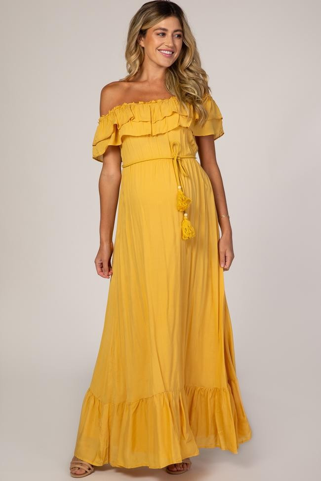 Yellow Off Shoulder Tassel Tie Maternity Maxi Dress | PinkBlush Maternity
