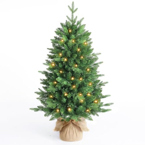 OasisCraft Mini Christmas Tree, 4 Foot Christmas Tree pre-lit with Lights and Cloth Bag Base for Tabletop Desk,Battery Operated, Green | Amazon (US)