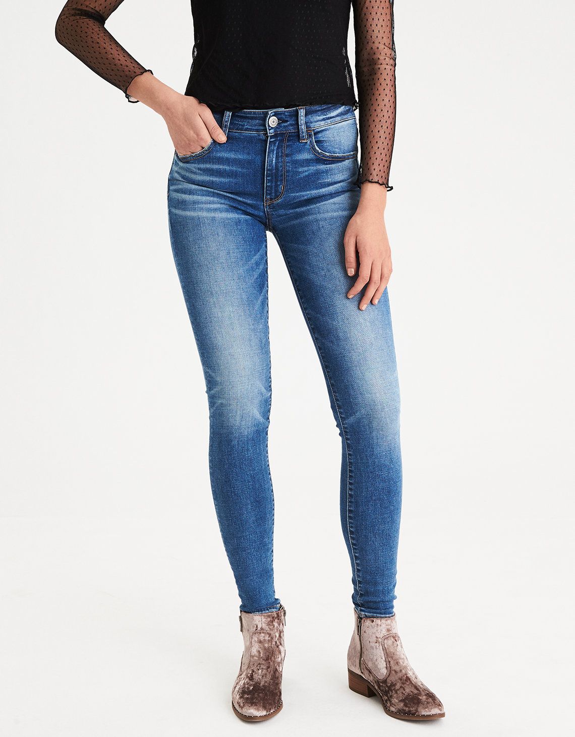 AE Denim X High-Waisted Jegging, Cerulean Indigo | American Eagle Outfitters (US & CA)