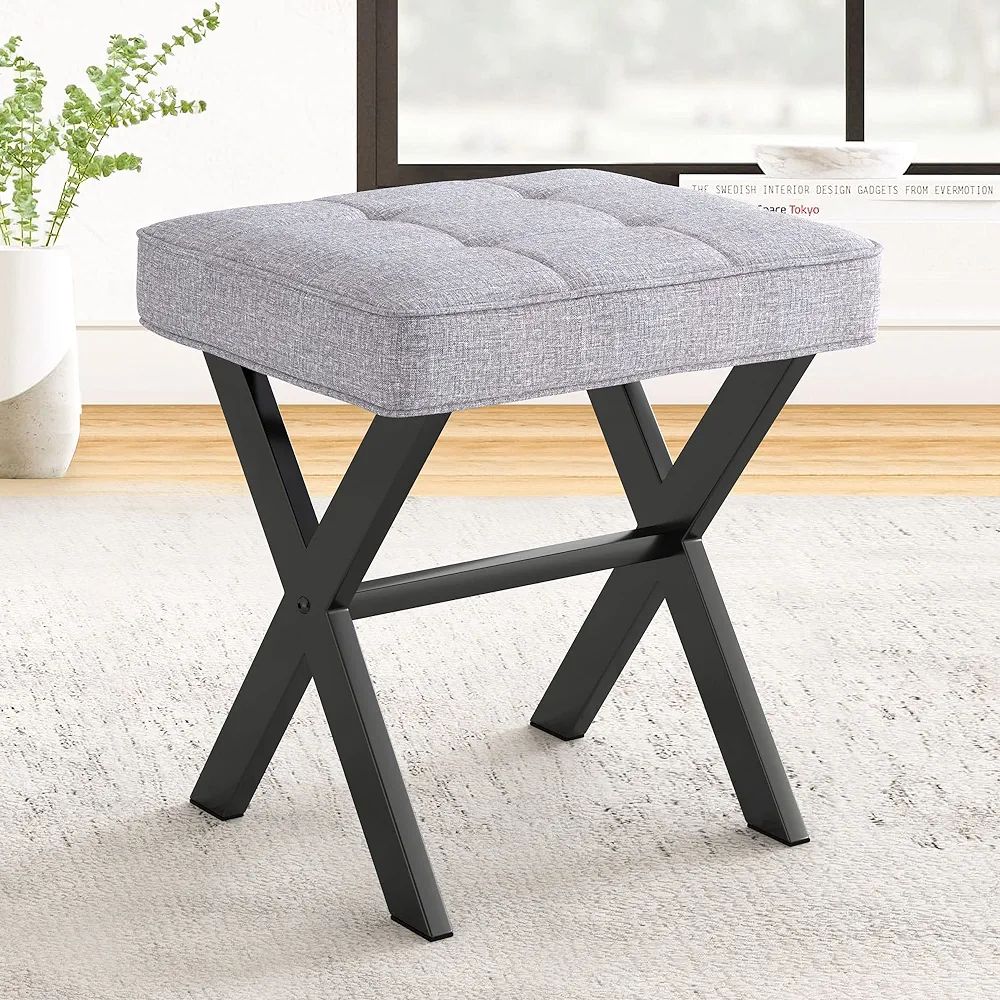 LUE BONA Vanity Stool, Square Linen Makeup Stool with Metal X Legs, Small Ottoman Stool Chair for... | Amazon (US)