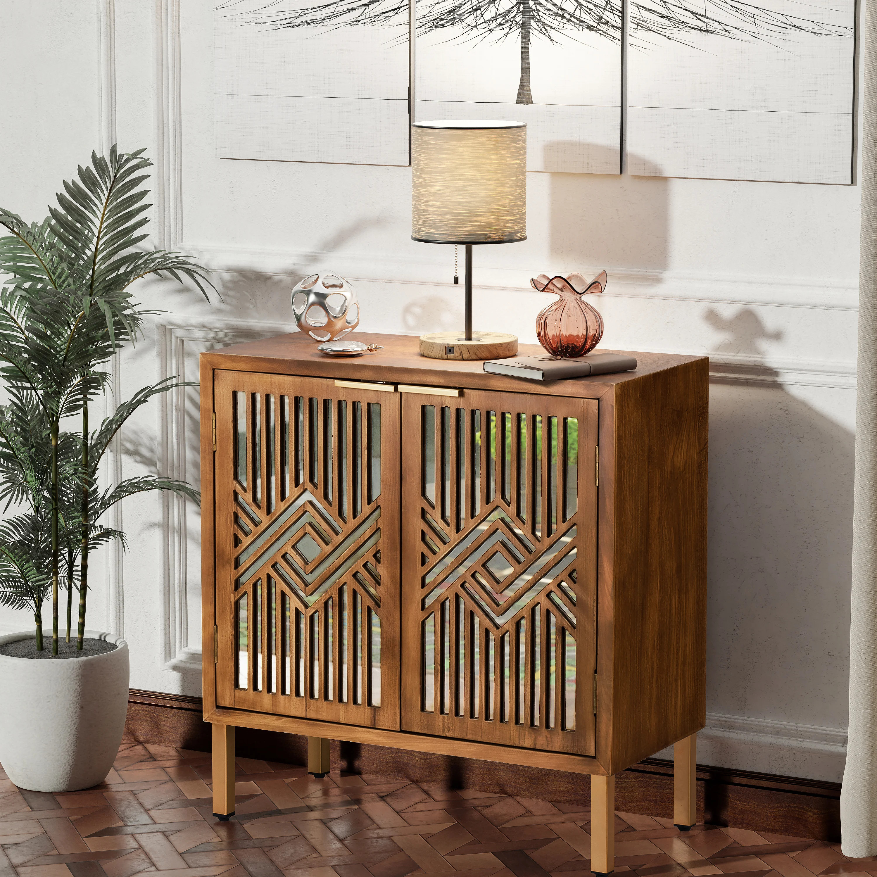 Union Rustic Kaysen 2 Door Accent Cabinet Modern Mirror Fronts Clean-Lined Silhouette, Natural Br... | Wayfair North America