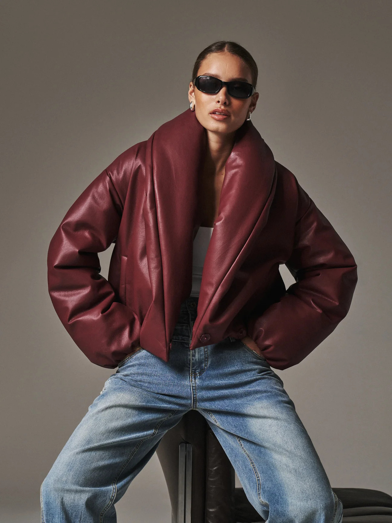 OVERSIZED COLLAR FAUX LEATHER PUFFER COAT - BURGUNDY | The Couture Club