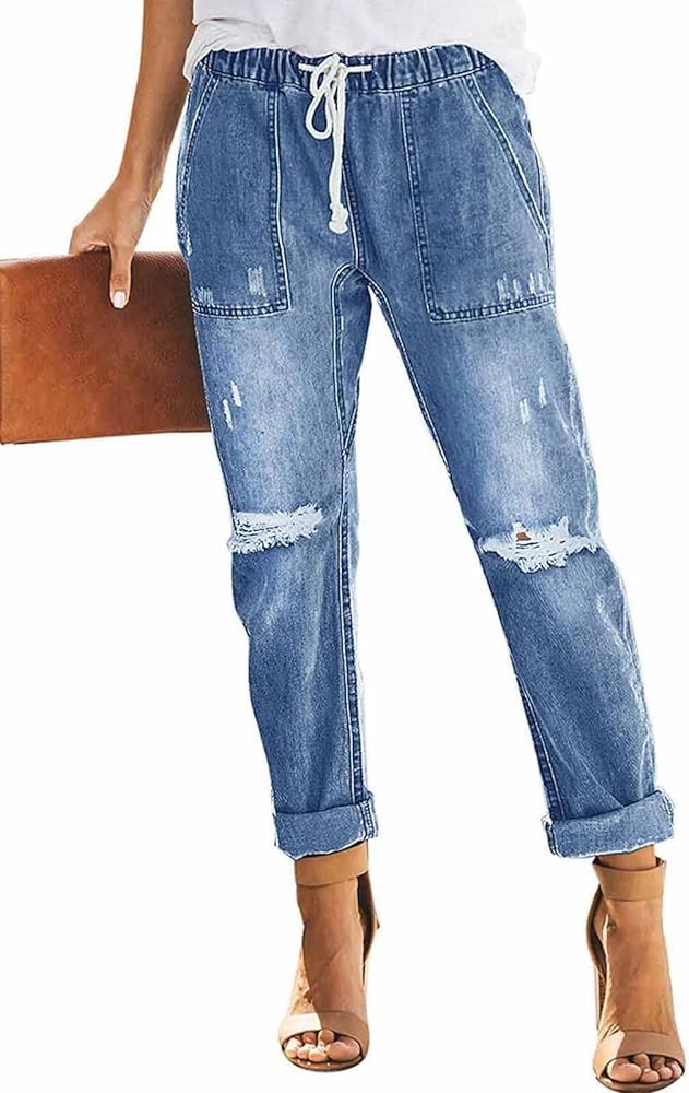 Metietila Women's Casual Pull-on Distressed Jeans Elastic Waist Denim Joggers Stretch Pants | Amazon (CA)