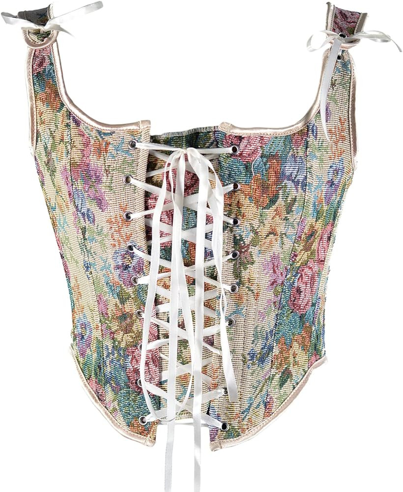 Bowanadacles Women Vintage Floral Camisole Flower Embroidery Pattern Tight Vest Drawstring Tie-up... | Amazon (US)