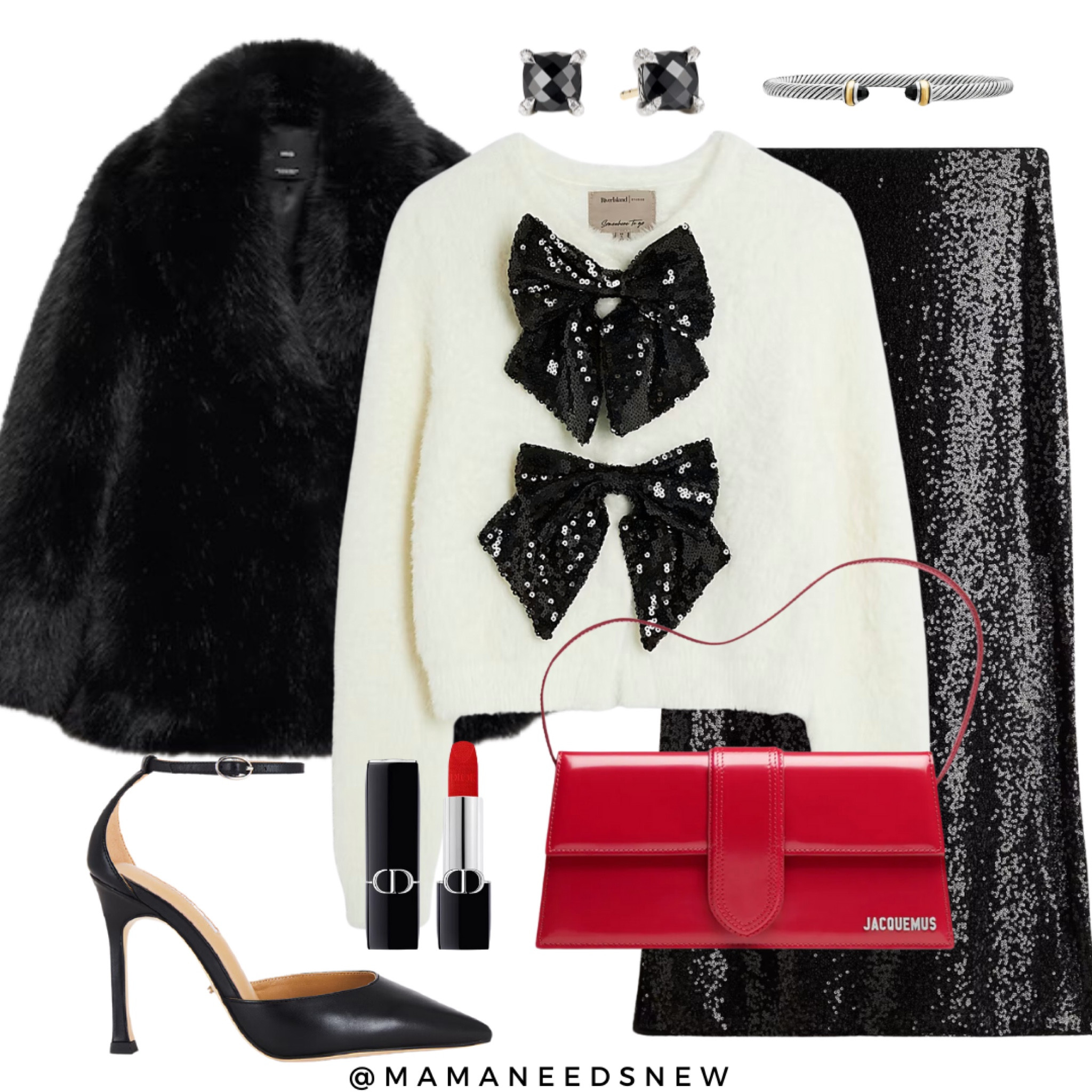 A holiday outfit with a faux fur coat, sequin midi skirt and bow front cardigan paired with heels ❤️

#LTKSaleAlert #LTKHoliday #LTKParties