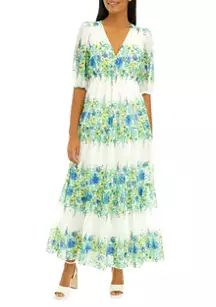 Taylor Women's Elbow Sleeve V-Neck Floral Print Chiffon Maxi Dress | Belk