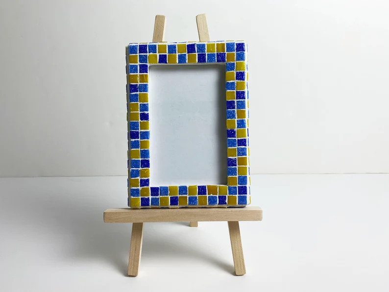 Royal Blue, Periwinkle, and Yellow Mosaic Picture Frame with Wood Easel made of 3/8" Vitreous Gla... | Etsy (Global)