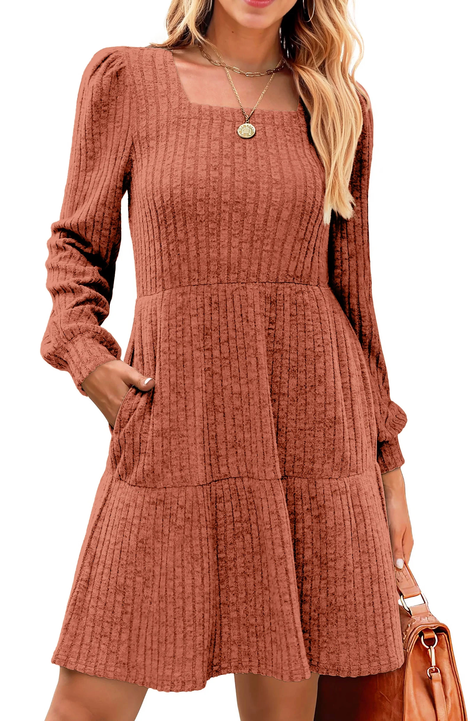 Fantaslook Fall Dresses for Women Square Neck Long Sleeve Dresses Casual Babydoll Sweater Dress | Walmart (US)