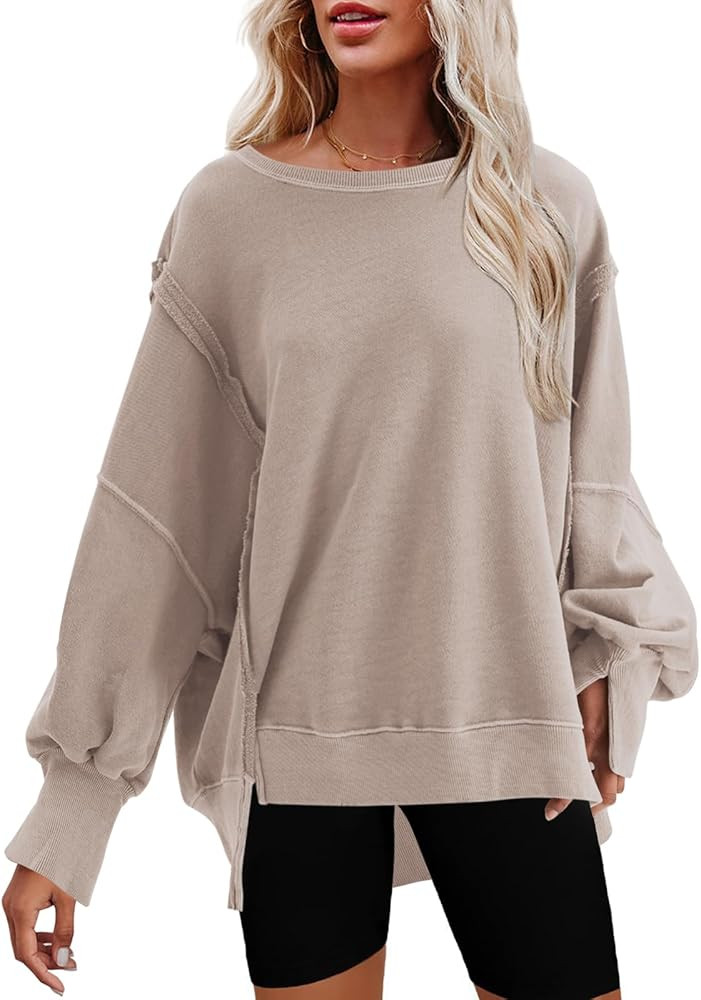 Nirovien Womens Oversized Crewneck Sweatshirt Side Slit Long Sleeve Pullover Slouchy Fit Tops | Amazon (US)