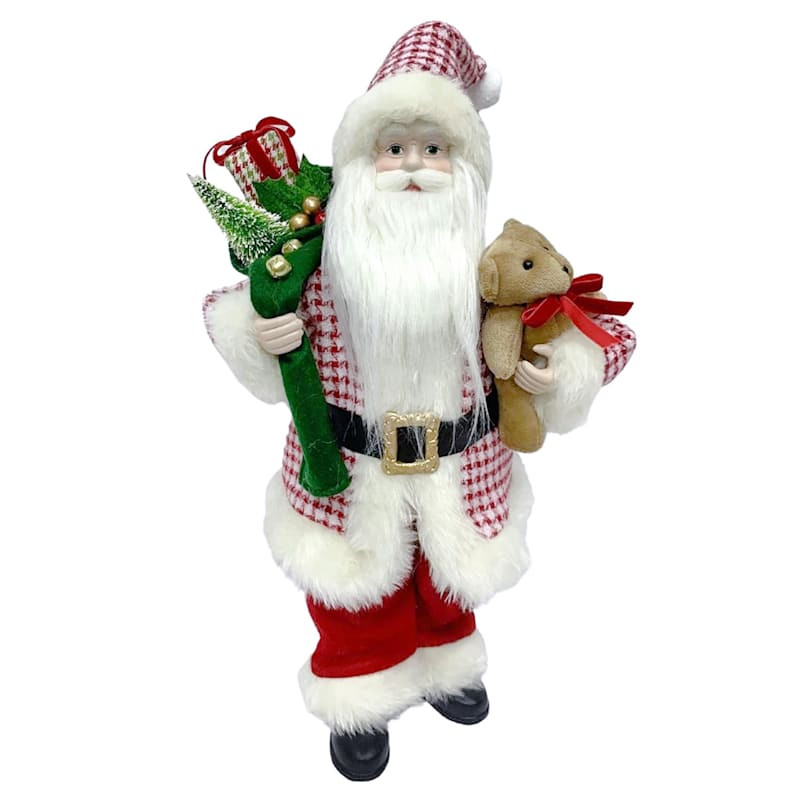 18IN RED PLAID SANTA W/BEAR | At Home