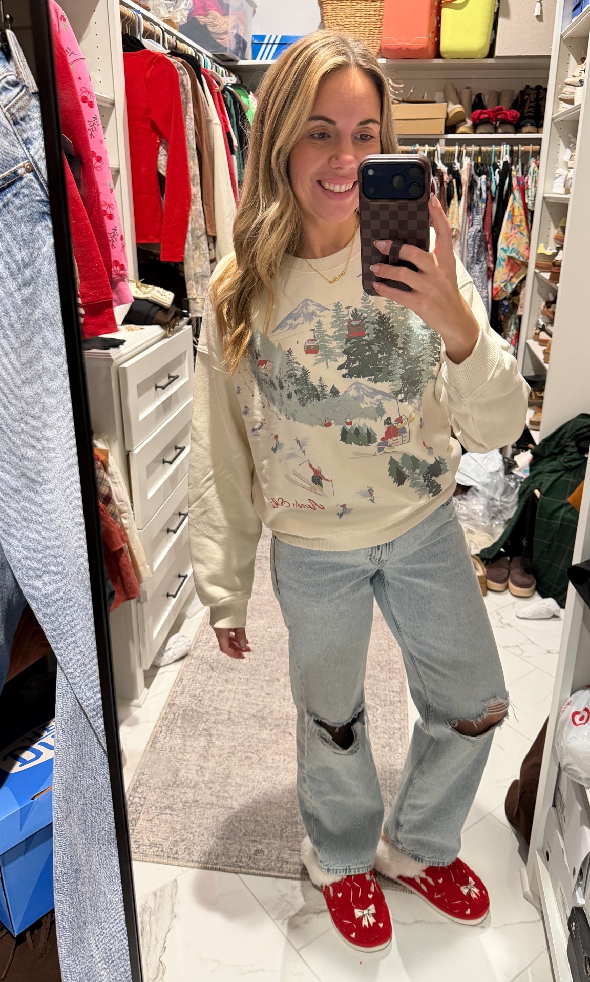 I size down one side in the jeans for a more snug fit because they run lose and will get looser as you wear them the first time! They also run SHORT. I prefer a long in this specific style being that I’m 5’7. Sweatshirt is my true size small. Sized up to a 9 in slippers! I’m an 8-8.5. 

#LTKGiftGuide #LTKootd #LTKHoliday