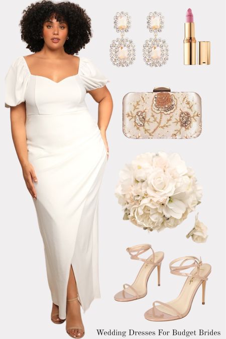 Affordable wedding day look for the plus size bride to be.

#whitedress #neutralsandals #maxidresses #weddingdresses #bridalaccessories

#LTKcurves #LTKwedding #LTKSeasonal