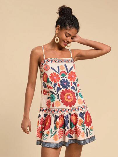 Travachic Floral Print Mini Slip Dress, Casual Holiday Wear,Summer Dresses For Women,Sun Dress,Tropical Vacation, Bohemian Outfits, Ibiza Outfits, Western Style Spring Clothes | SHEIN