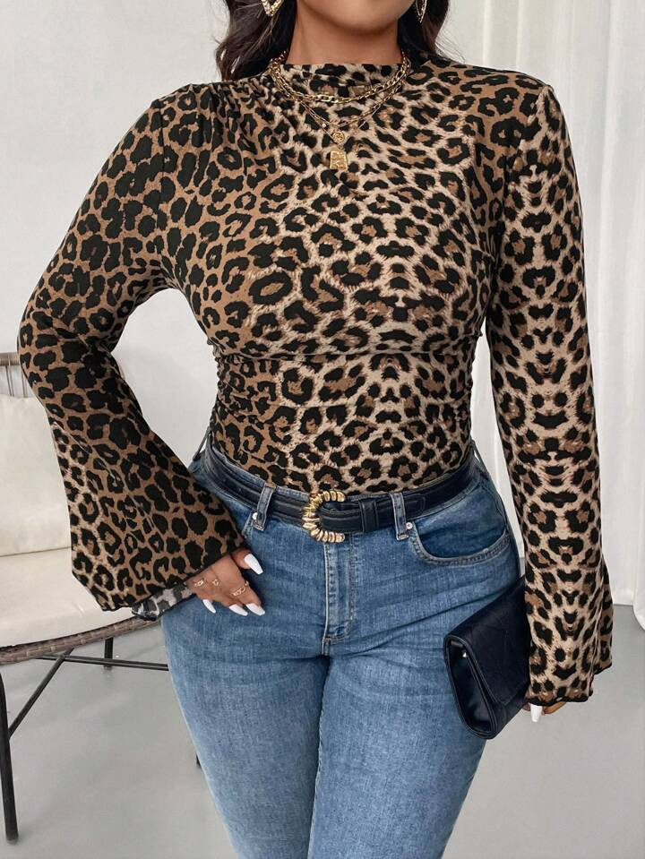 Celure Plus Size Leopard Print Bell Sleeve Casual T-Shirt, Spring Autumn Graphic Cheetah Print Te... | SHEIN