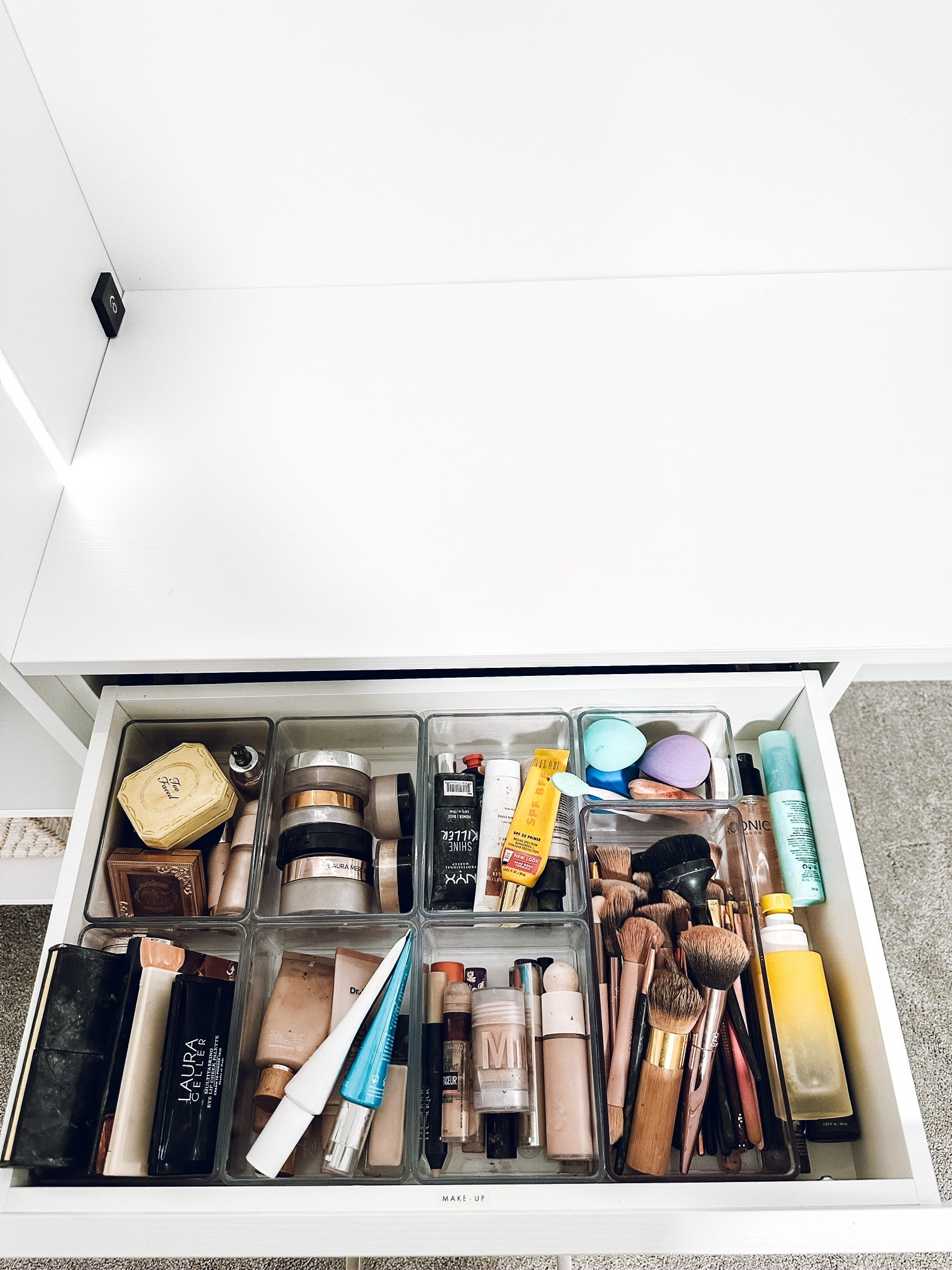 Bathroom drawer organization✨THE Home Edit Bin Organizer. Charlotte Tilbury Glow Glide Face Architect Highlighter. Sephora Essential Face Brush Set. 

#LTKhome