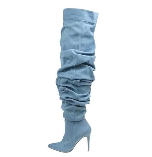 Tracieshoes Women’s Over-the-Knee Slouchy Denim Boots with 4.3" Stiletto Heel–Sexy Pointed Toe Thigh High Fashion Booties for Date and Evening Wear Blue Size 9 | Amazon (US)
