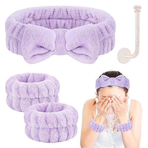 CERETIA Face Wash Headband and Wristband Set, 1 Set, Purple, Microfiber, for Women, Hairband Set, Keep Hair Dry, Prevent Water from Running Down Arms during Face Washing, 1 Count | Amazon (US)