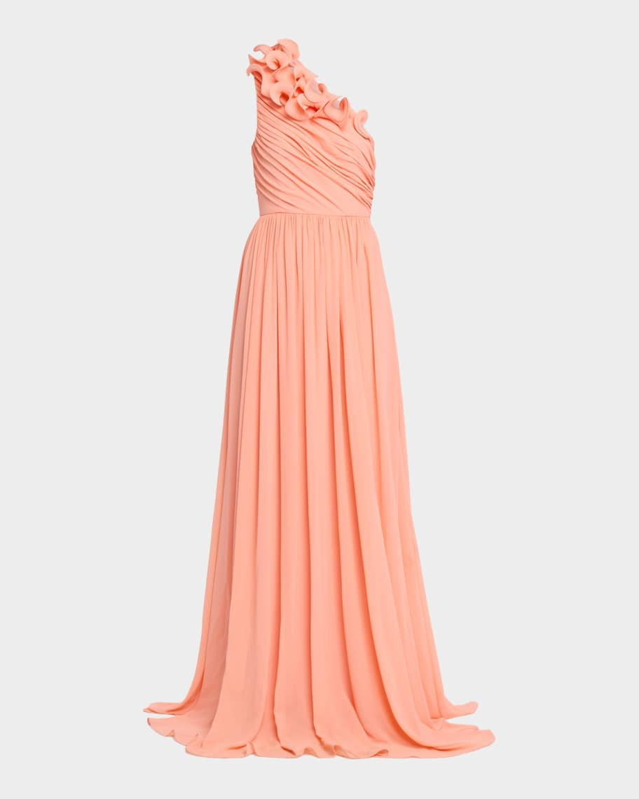 Badgley Mischka Pleated One-Shoulder Georgette Gown | Neiman Marcus