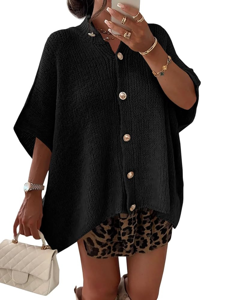 Saodimallsu Womens Oversized Cardigan Sweaters Short Sleeve Button Down Casual Lightweight Loose ... | Amazon (US)
