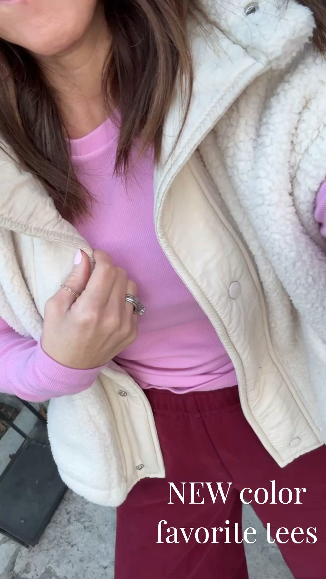 This NEW pink is pretty!! 😍 
Favorite tees. Size small
Small pants. XS vest

#LTKootd #LTKOver40 #LTKmomlife