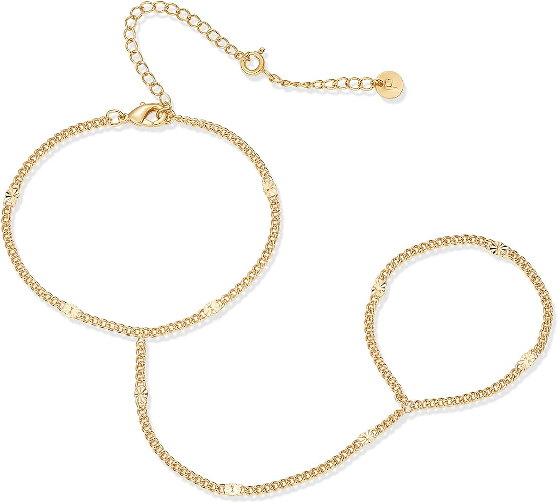 PAVOI 14K Yellow Gold Plated Hand Chains Bracelet for Women | Dainty Cubic Zirconia Bracelet and ... | Amazon (US)