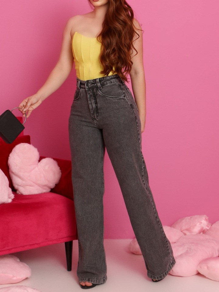Calça wide leg jeans feminina, preta lisa , sem laycra , cintura alta. | SHEIN