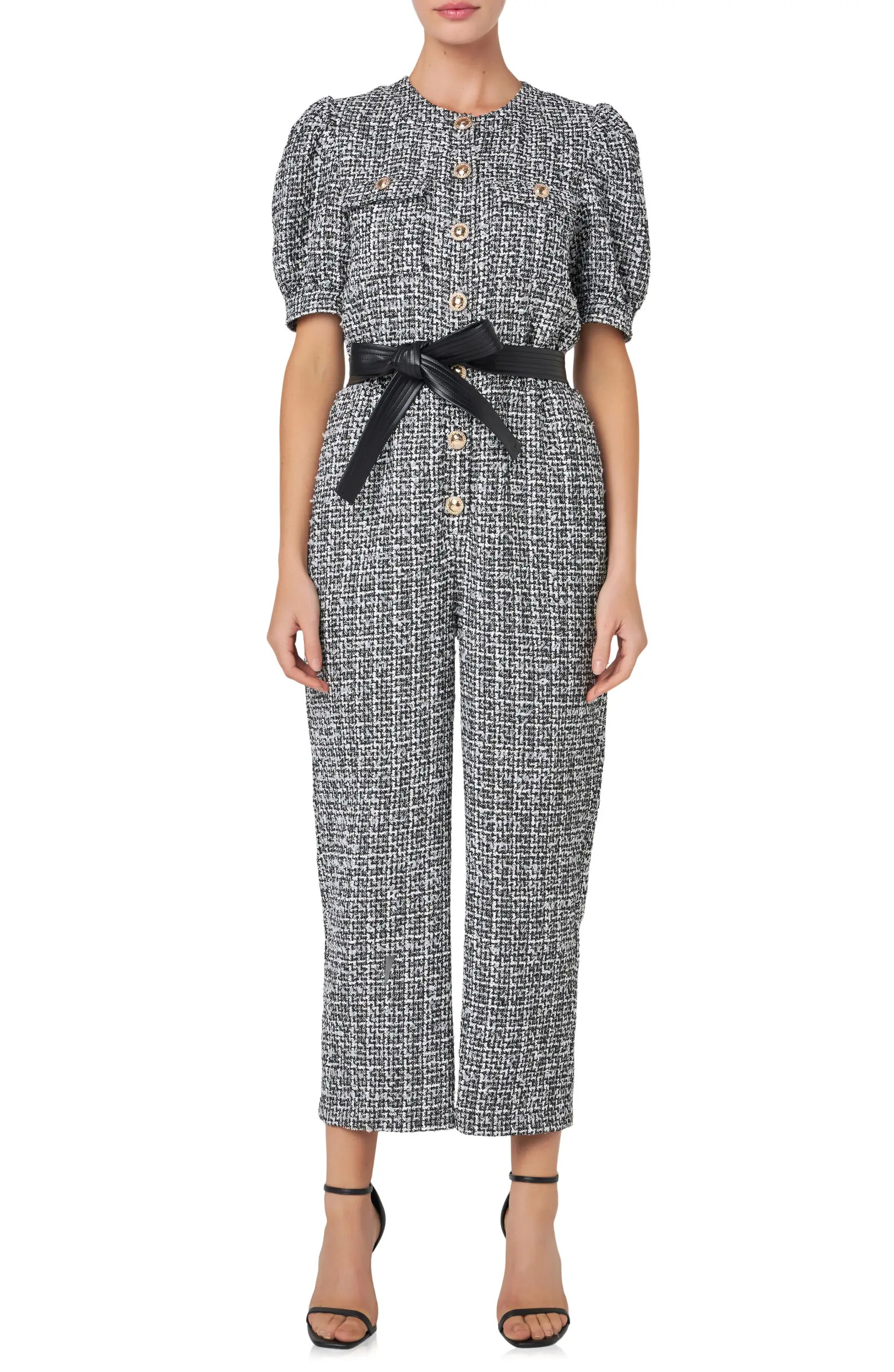 Tweed Puff Sleeve Ankle Jumpsuit | Nordstrom