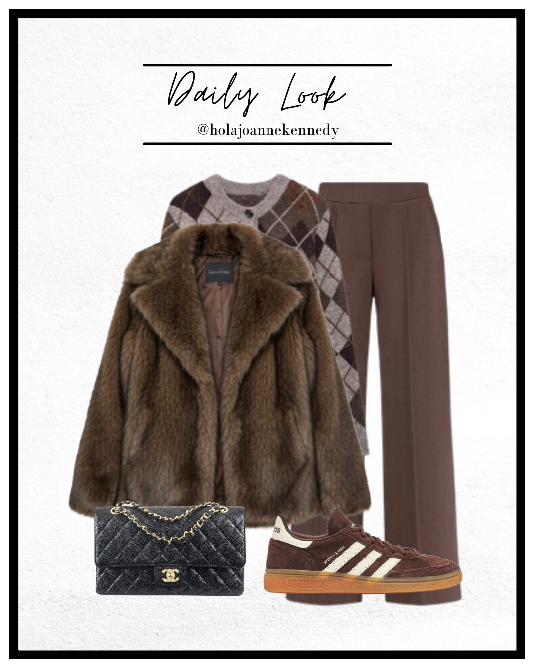 brown faux fur coat, cosy winter coat, Chanel bag outfit, brown tailored flare joggers, tailored jogger outfit, brown argyle cardigan, brown suede trainers, adidas Spezial suede, chocolate brown outfit, cosy luxe outfit, quiet luxury style, weekend outfit inspo, elevated loungewear, modern classic outfit, capsule wardrobe neutrals, casual chic outfit 

#LTKeurope #LTKuk #LTKwinter