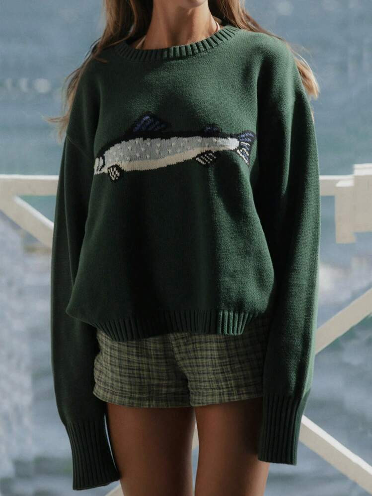 Women Fish Graphic Knit Sweater Y2k Long Sleeve Crew Neck Loose Sweaters Vintage Goth Pullover Knitwear Fall Winter Cute Preppy Chunky Streetwear | SHEIN